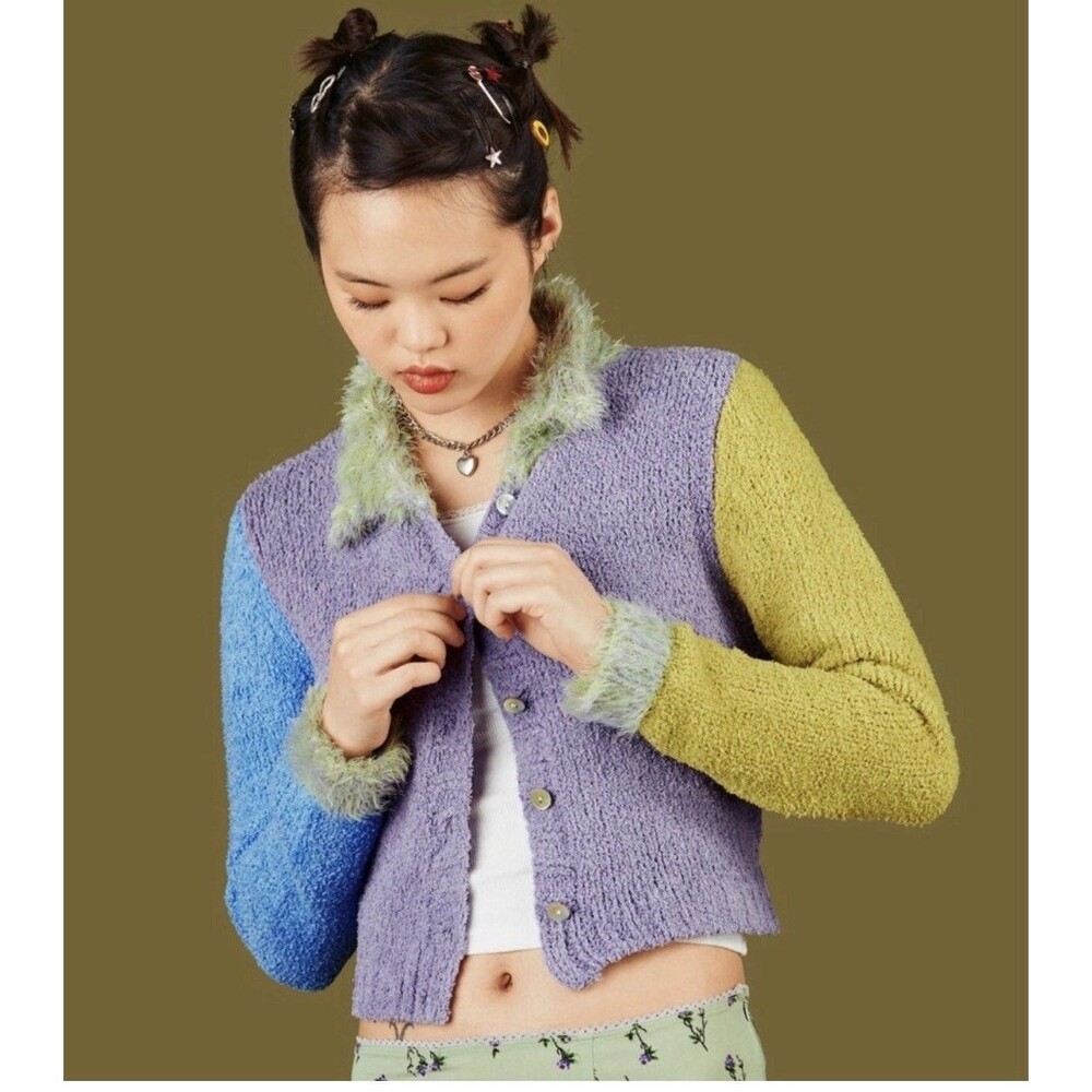 UNIF Women’s Size Small Mixed Media Cardigan Sweater Fuzzy Collar
